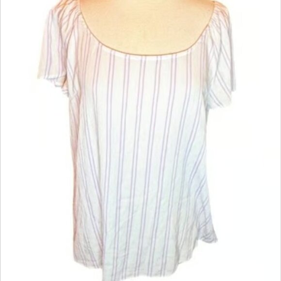 Michael Kors MSRP $80 XL White Purple Blouse Striped Short Sleeve Boho Top XL - Picture 1 of 9